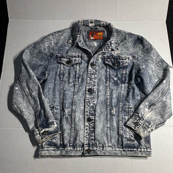 Distressed Denim Jacket Rolling Papers Jean Jacket in Stonewash Blue Denim - Picture 6 of 10